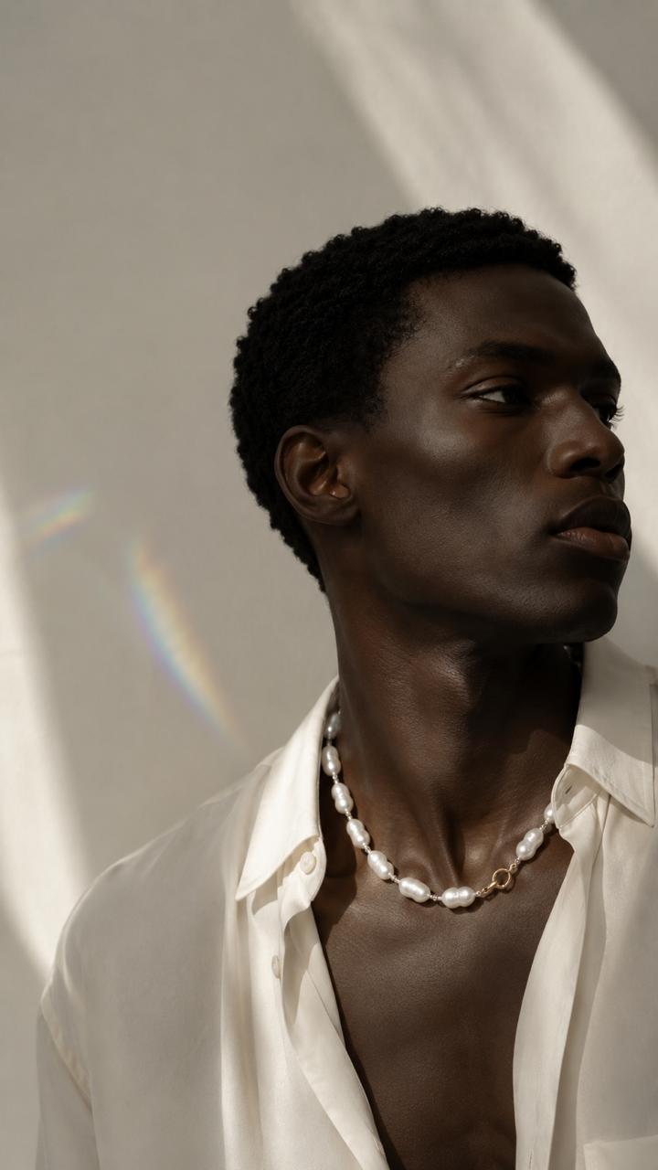 Model wearing PRISMÉ freshwater pearl jewelry with restrained prismatic light